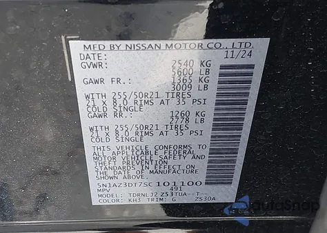 2025 Nissan Murano Platinum z USA, uszkodzony, nr VIN 5N1AZ3DT7SC101100